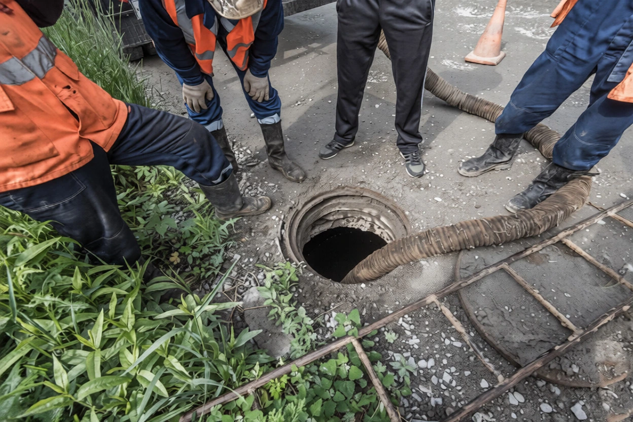 Drain specialist clearing a tough kitchen drain blockage with professional equipment