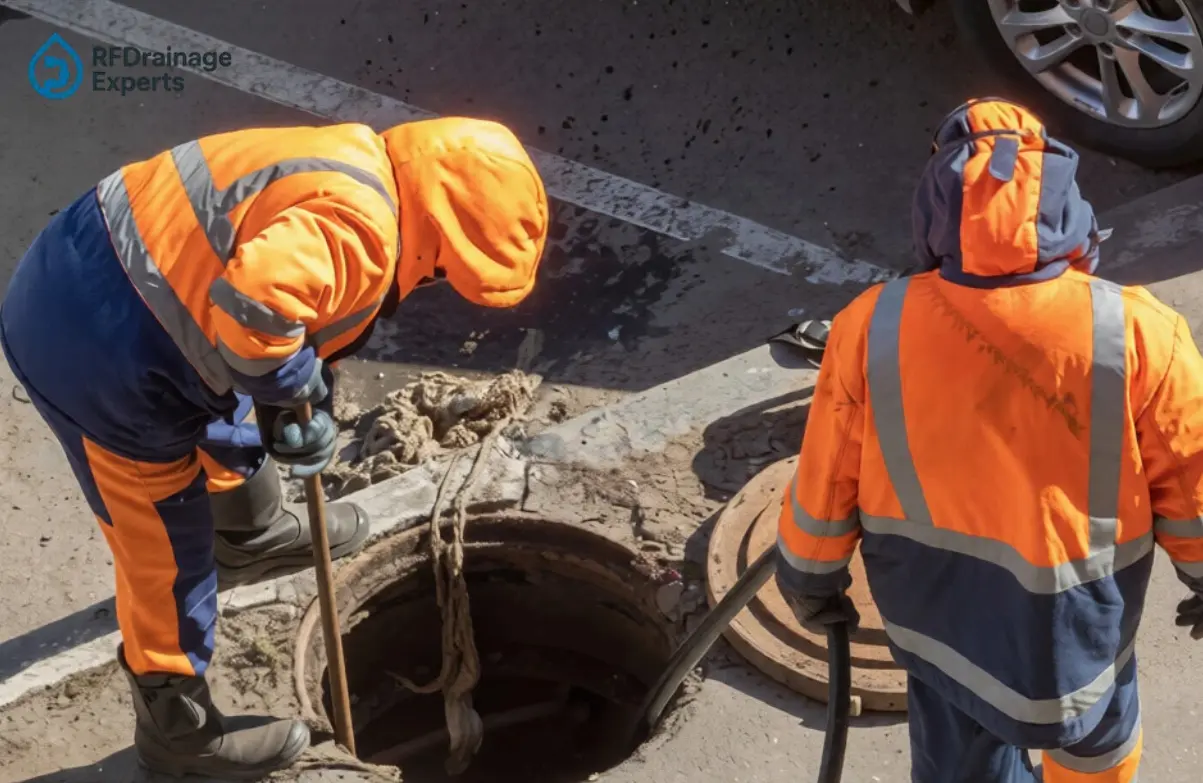 Professional drain unblocking service fixing a stubborn blocked drain using high-pressure equipment