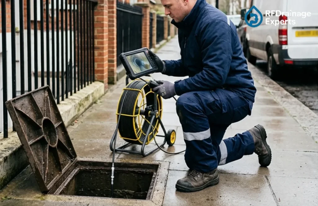 Affordable drain inspection services London showing a professional inspecting a residential drain.