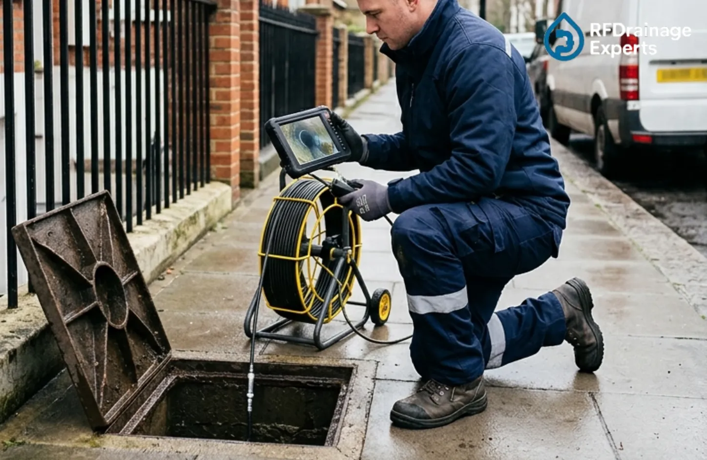 Affordable drain inspection services London showing a professional inspecting a residential drain.