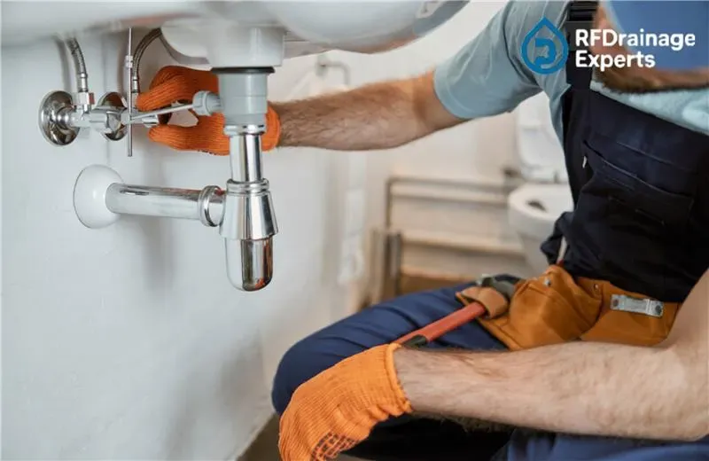 Professional plumber checking pipes to Clean Kitchen Drains in London home kitchen