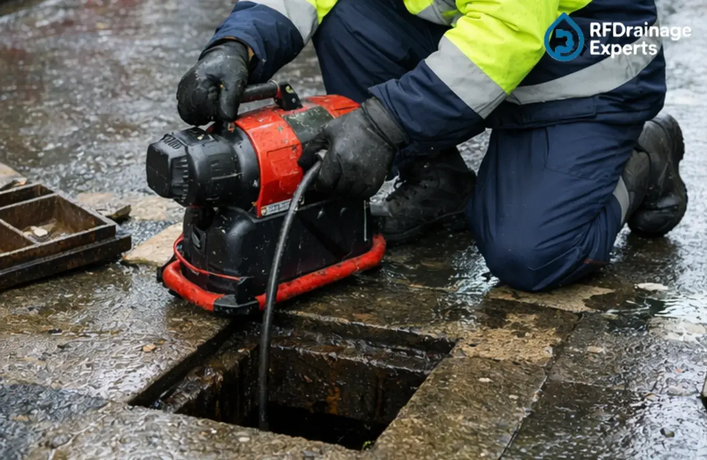 Blocked Drain Unblocking Specialist London performing CCTV drain inspection in underground pipes