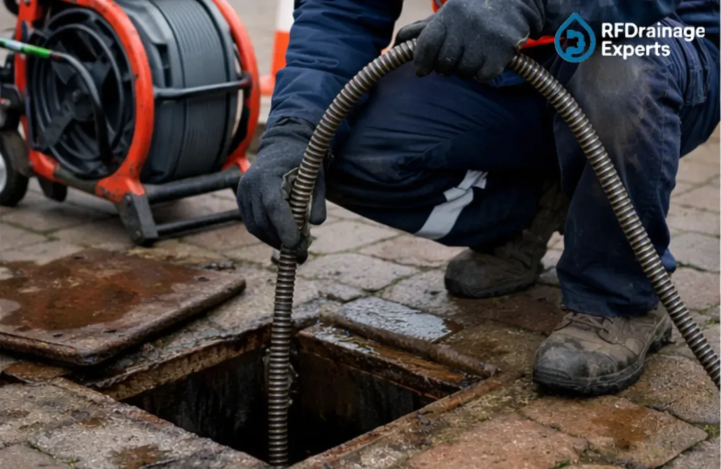 Professional team from a Drain Repairs Company London working on a blocked drain.