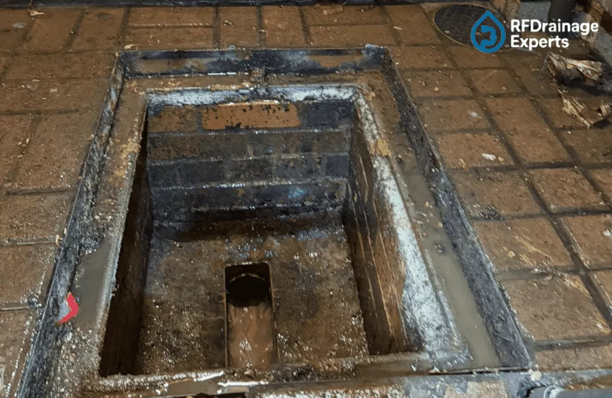 Engineer inspecting outdoor drainage system for external drain maintenance London