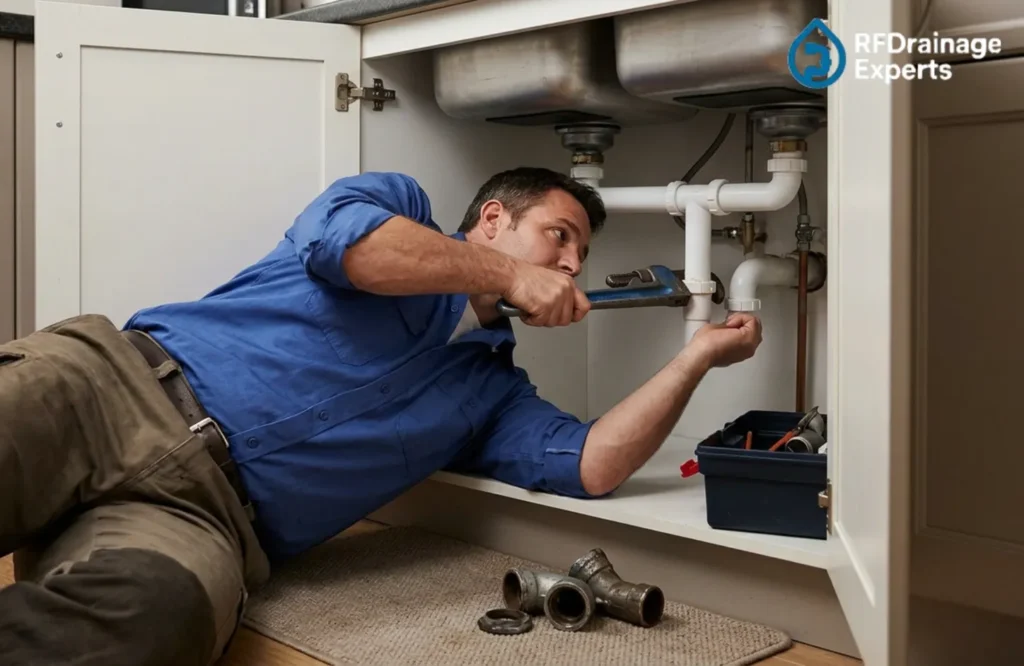 Kitchen Drain Repair Services London plumber fixing blocked kitchen sink