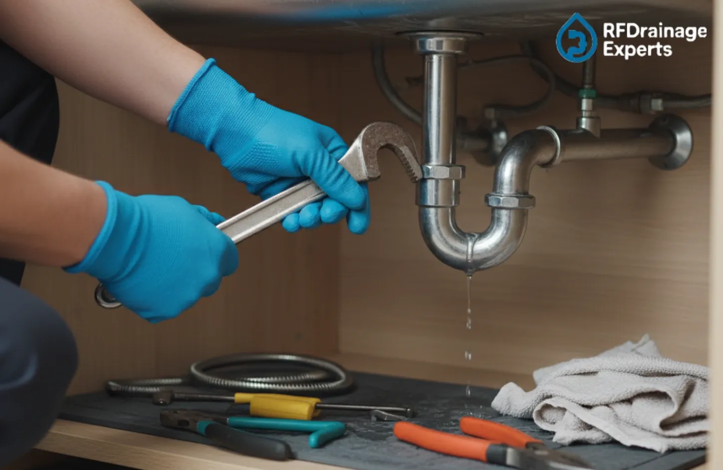 Kitchen Drain Repair Services London fixing leaking drain pipe under sink