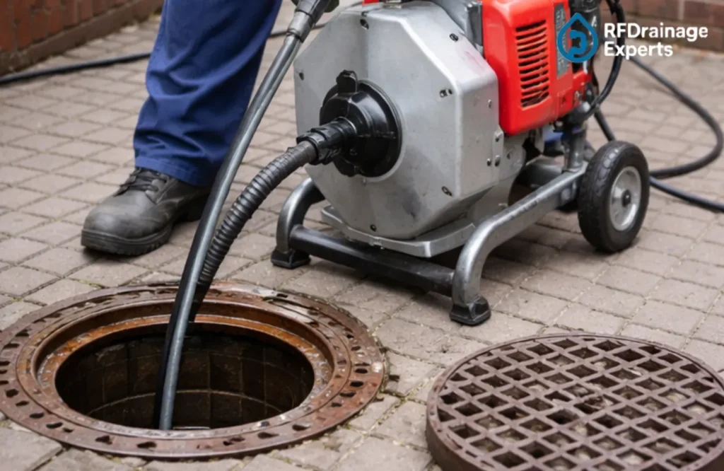 Professional External Drains Cleaning London service removing blockages from outdoor drainage system