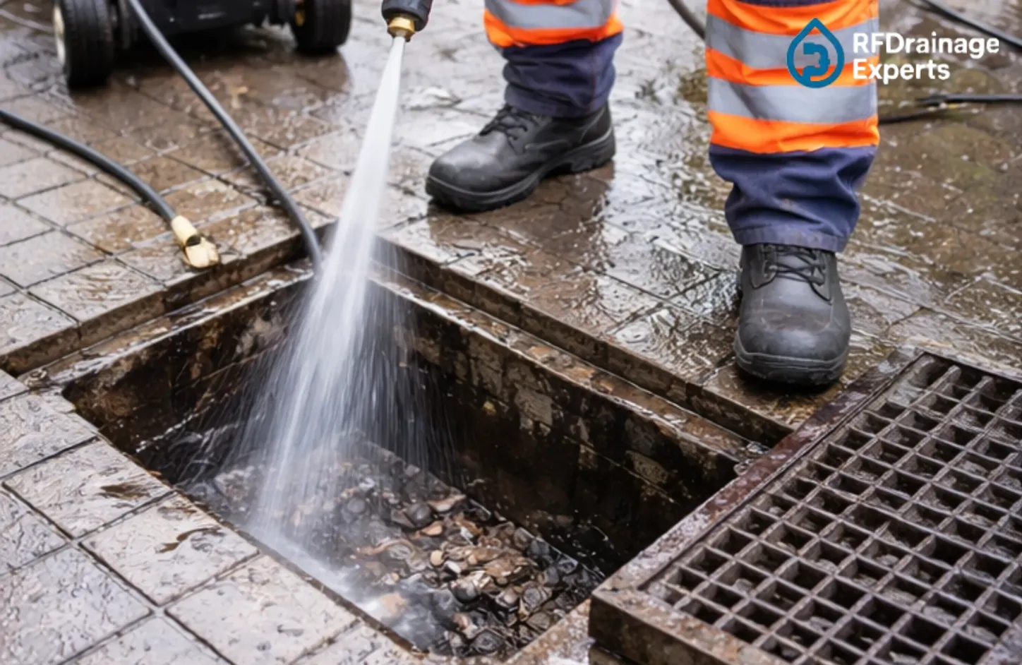 Technician performing Professional External Drains Cleaning London with high-pressure jetting equipment
